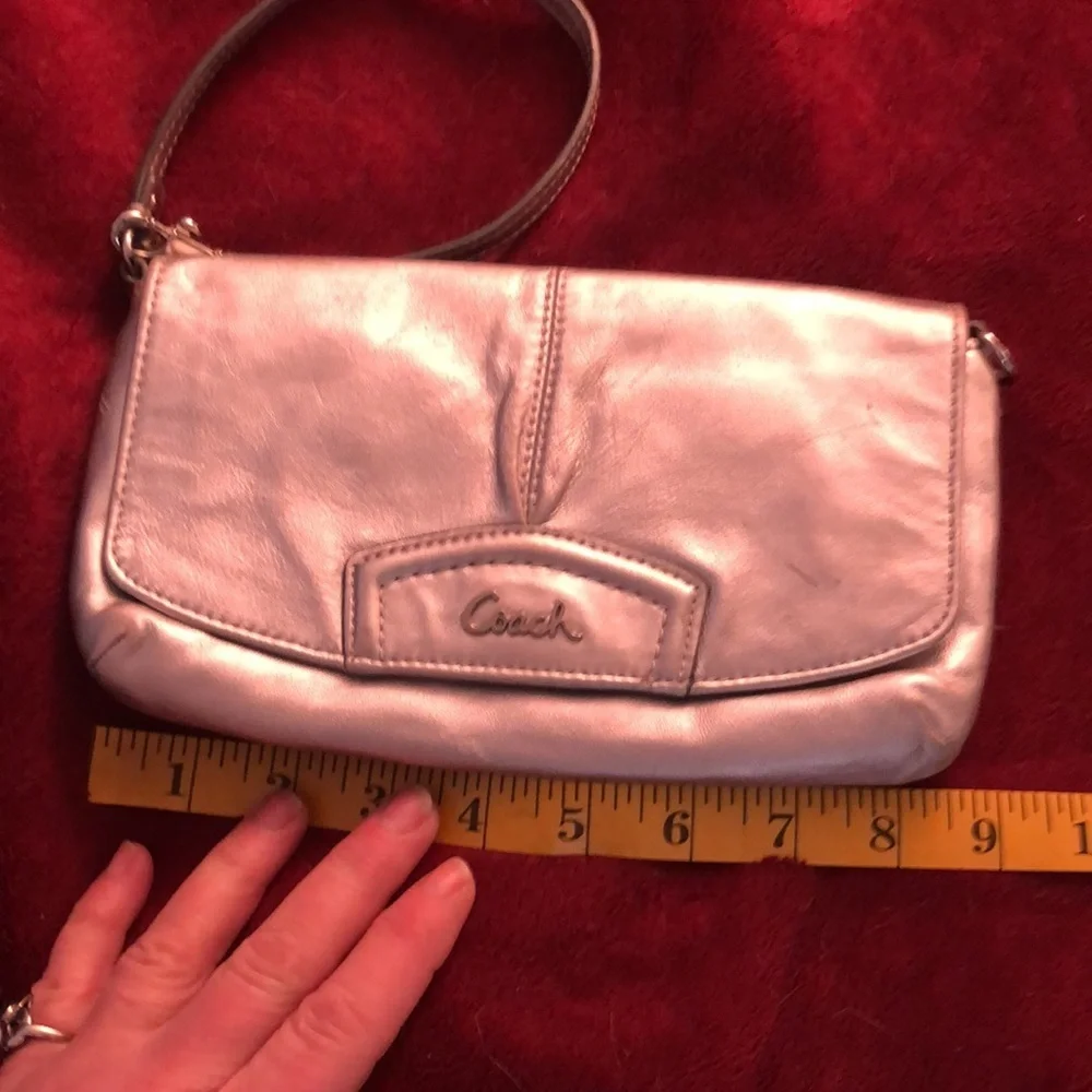 Coach  silver metallic genuine leather large wristlet or clutch 9” long  …